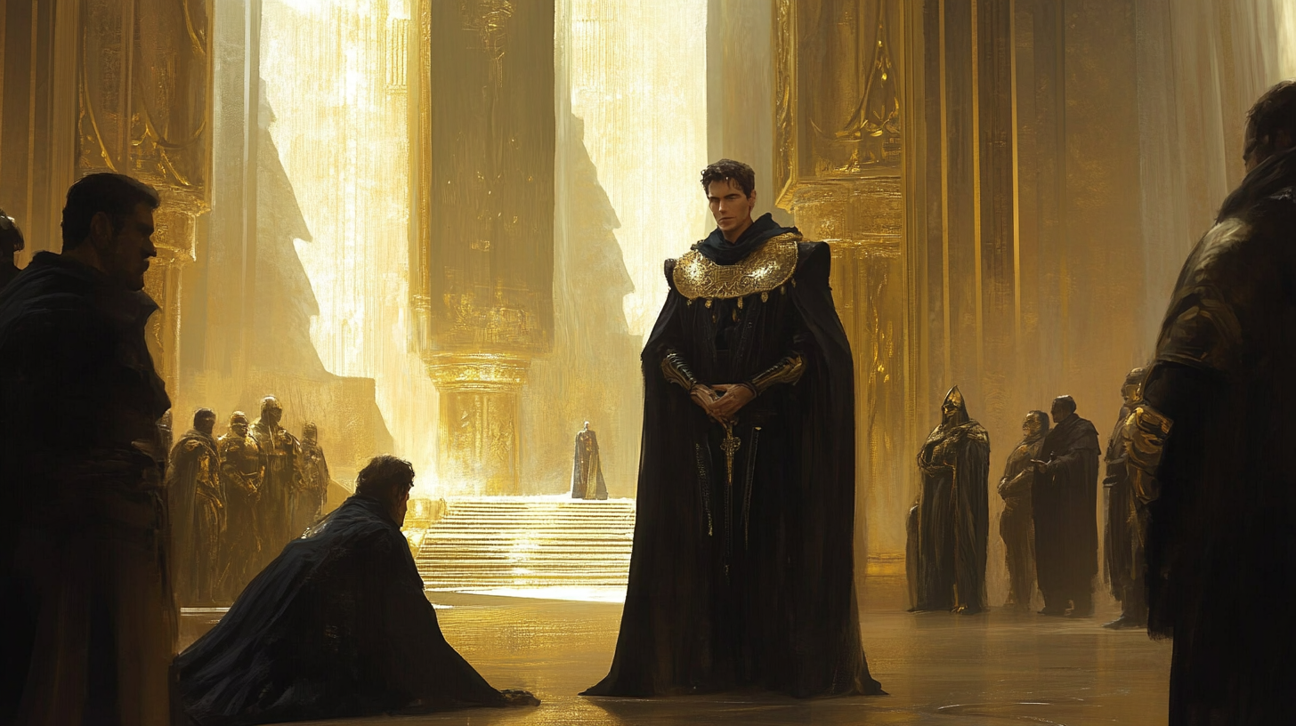 Paul Atreides in regal black and gold robes, standing in a grand palace as figures kneel before him.
