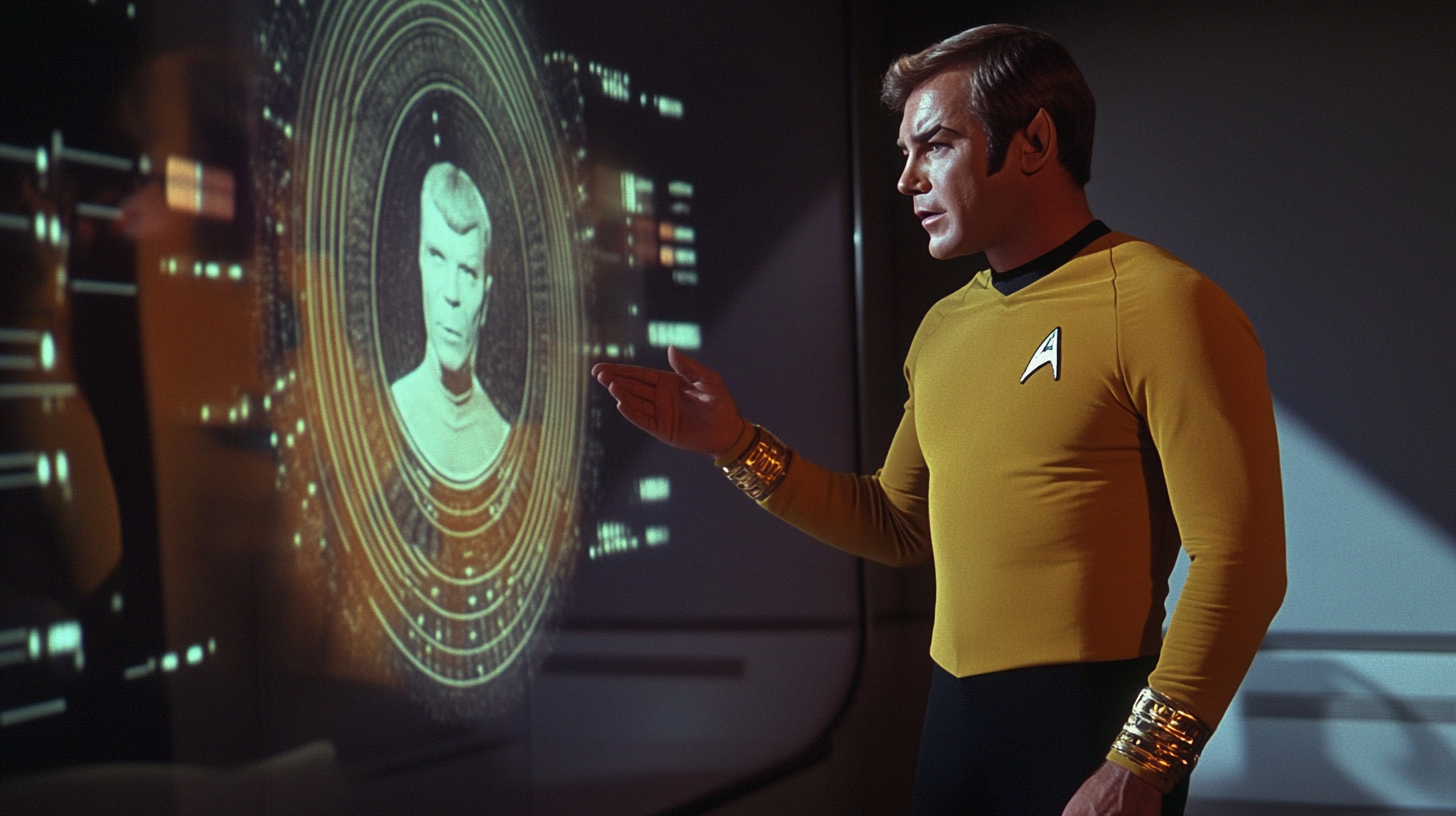 Starfleet officer in yellow shirt interacting with holographic display.