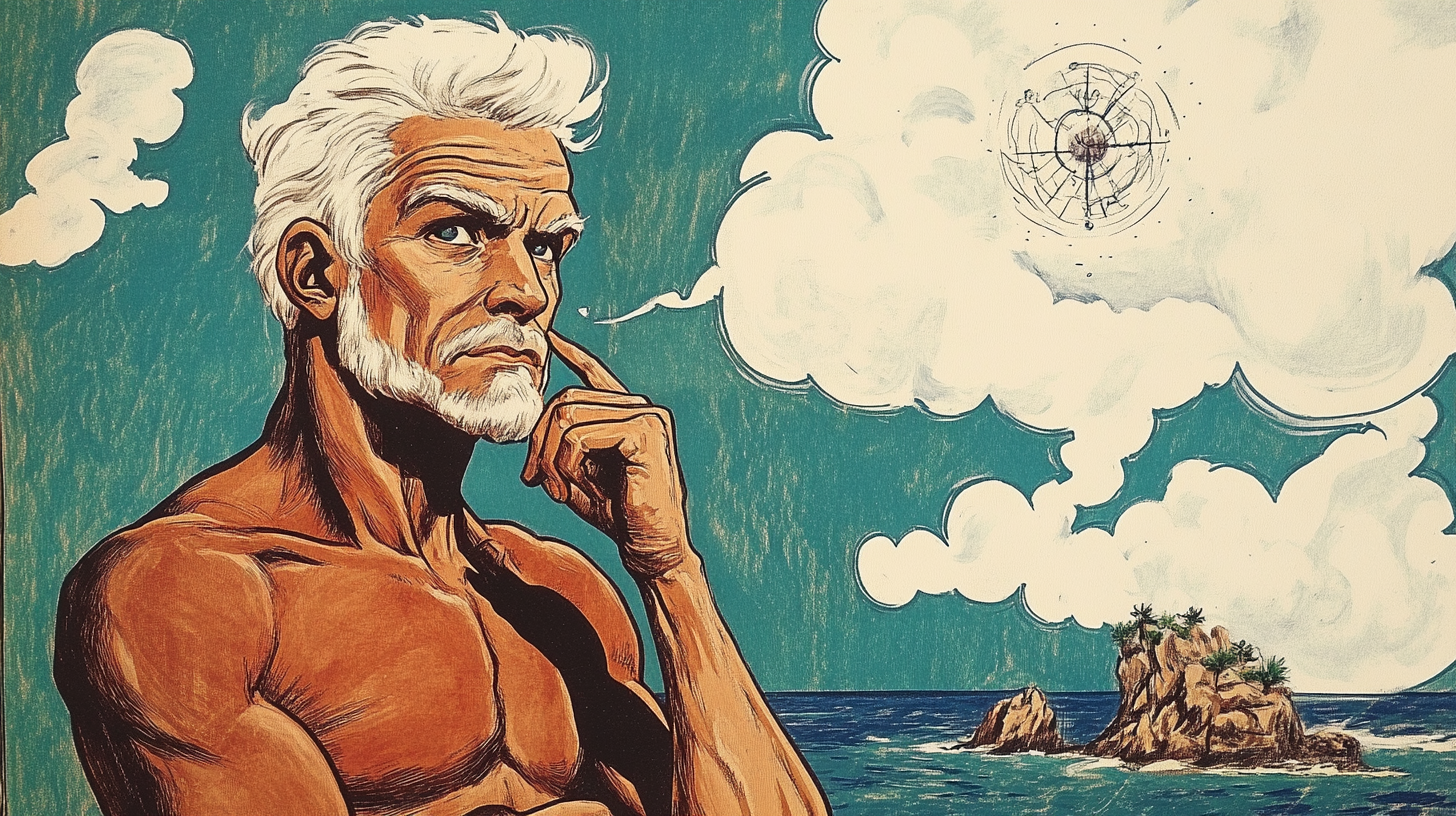 Illustration of a muscular white-haired man in thought, with a futuristic diagram in a cloud above a remote island.