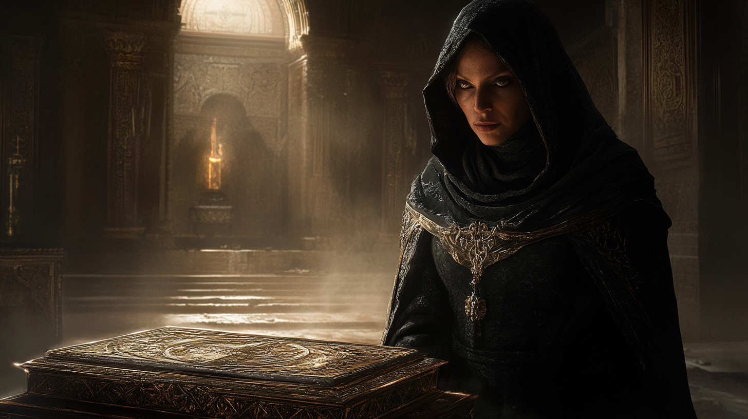 Bene Gesserit Reverend Mother in a dark robe standing behind an ornate box in a shadowed room.