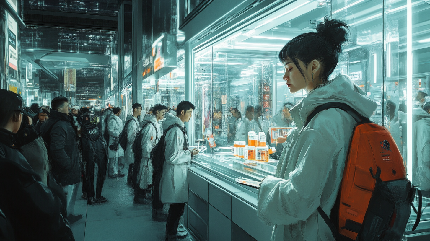 Futuristic drug dispensary where people receive mood-controlling pills.