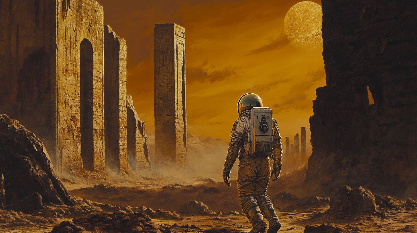 Man in astronaut suit looking at an old ruin on a Mars.