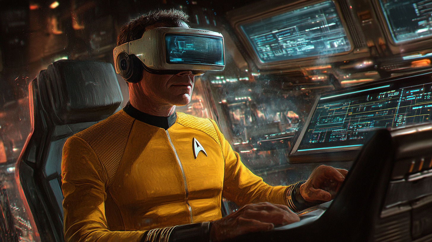 Starfleet officer in yellow uniform wearing VR headset at control console.
