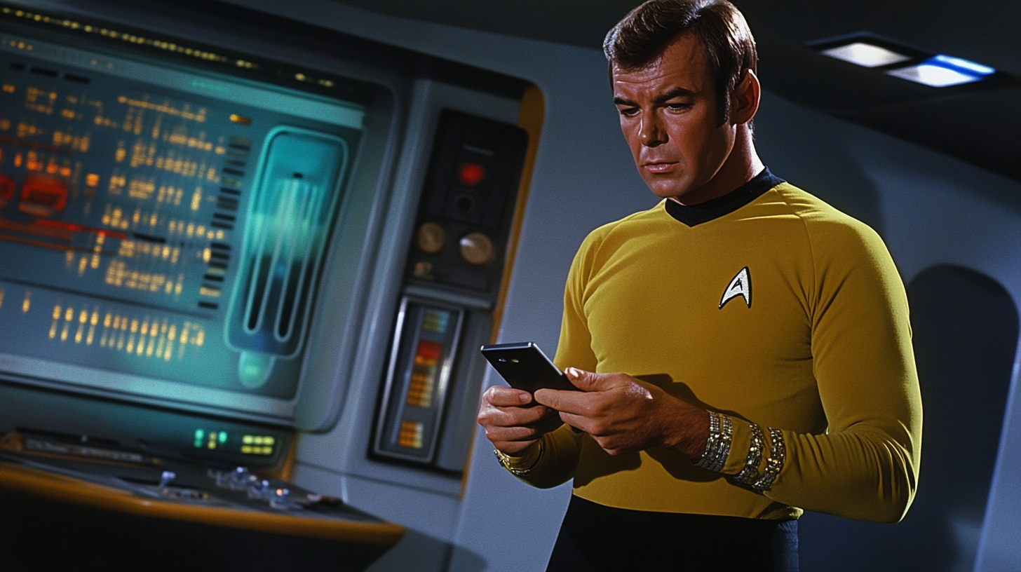 Starfleet officer in yellow uniform holding a device.