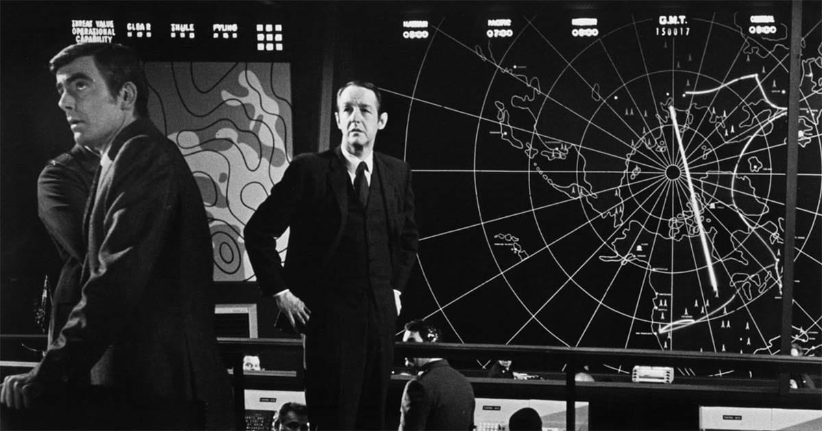 A screen capture from the film showing a war room.