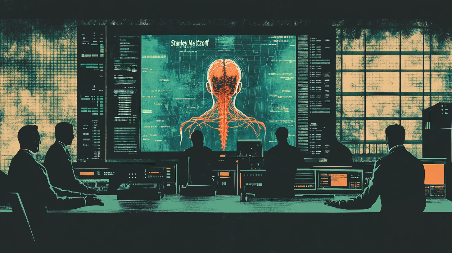 1950s intelligence officers in a dark war room analyzing a human anatomy diagram showing an alien parasite on a large screen