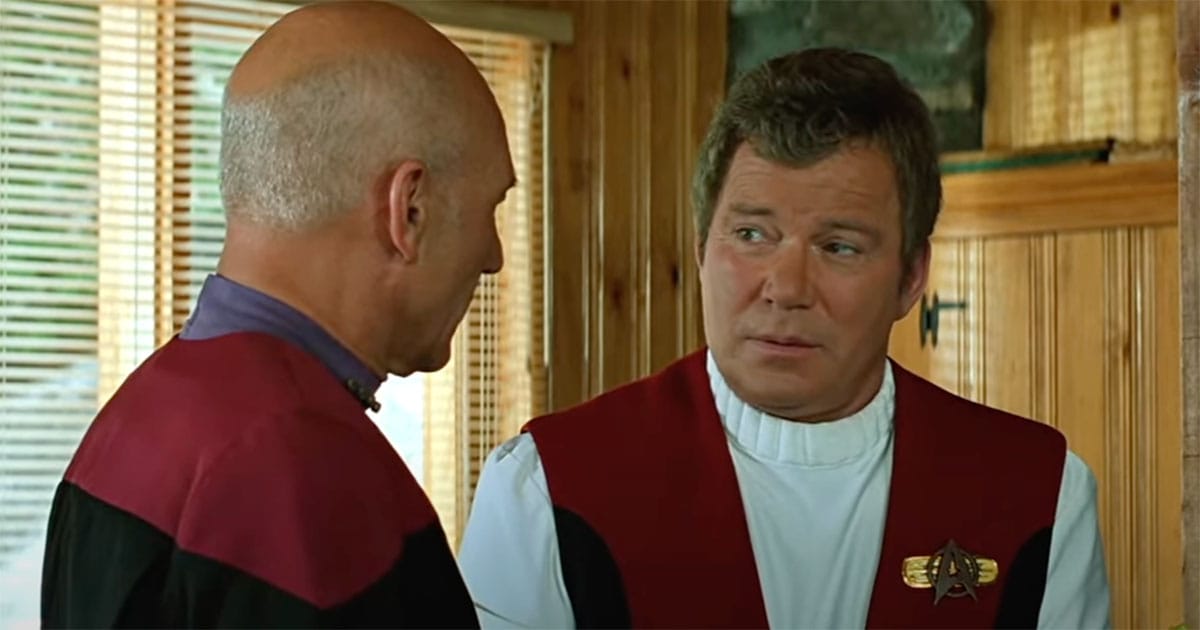 Captain Picard and Captain Kirk standing together, symbolizing two generations of Starfleet leadership