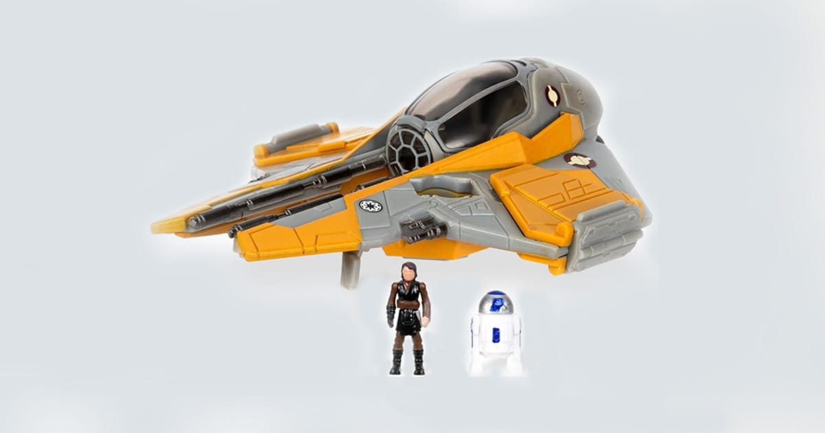Toy set of Anakin Skywalker, R2-D2, and a yellow Jedi Starfighter from Star Wars.