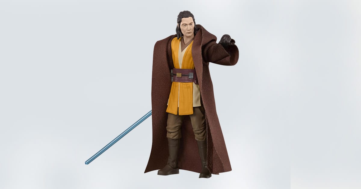 Star Wars action figure of Jedi Master Sol in robes, holding a blue lightsaber.