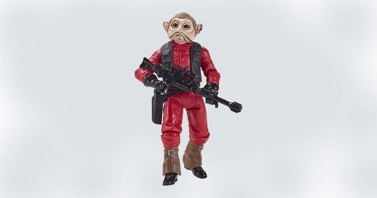 Action figure of Nien Nunb in red pilot suit, armed and ready.