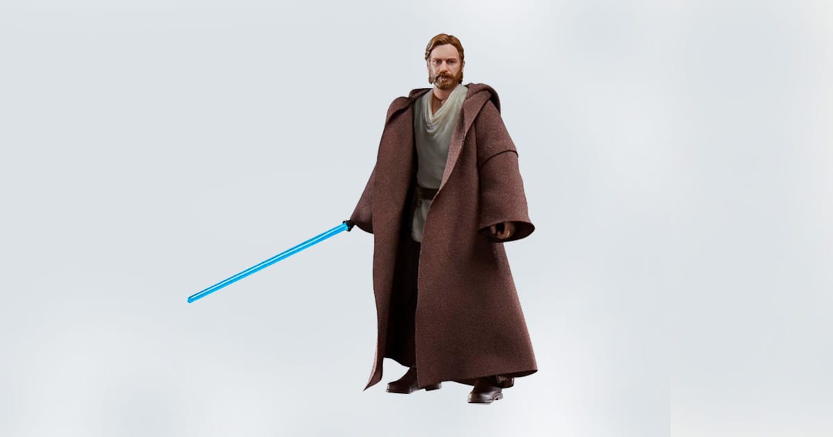 Obi-Wan Kenobi action figure in Jedi robes holding a blue lightsaber.