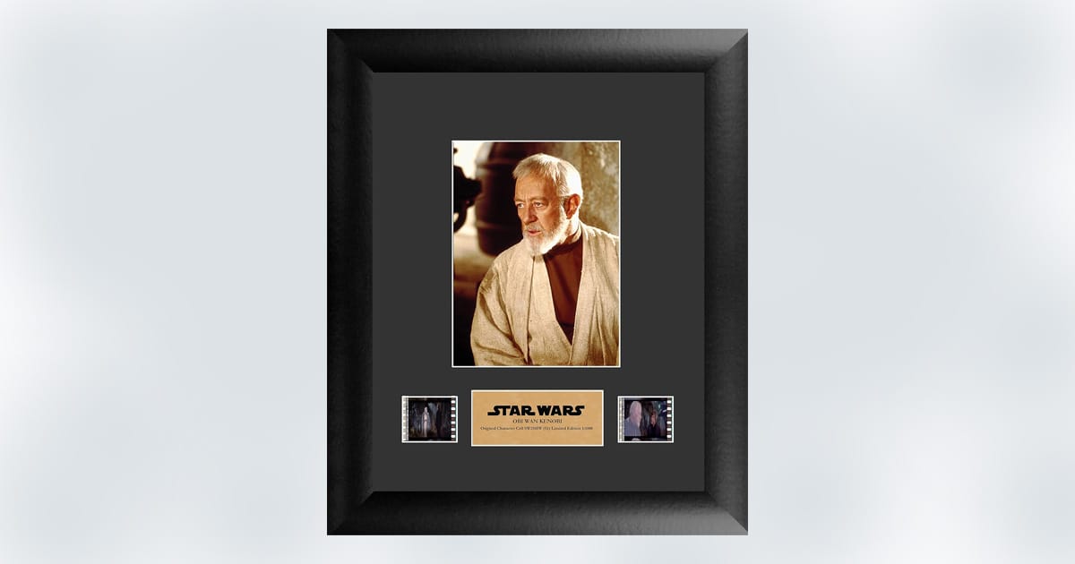 Framed Obi-Wan Kenobi display with photo and Star Wars film cells.