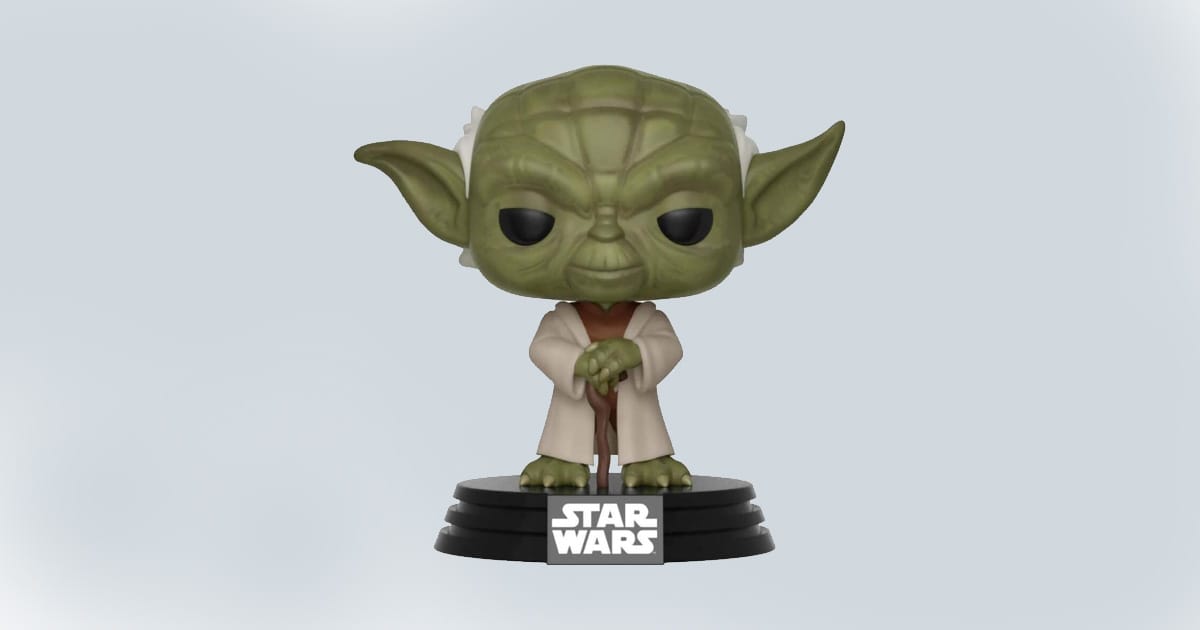 Funko Pop vinyl figure of Yoda from Star Wars, standing on a black base with the Star Wars logo, featuring his robe and walking stick.
