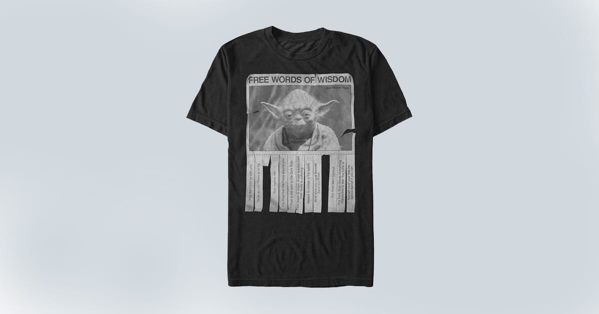 Black T-shirt featuring a faux bulletin board design with a photo of Yoda and tear-off strips displaying his famous quotes.