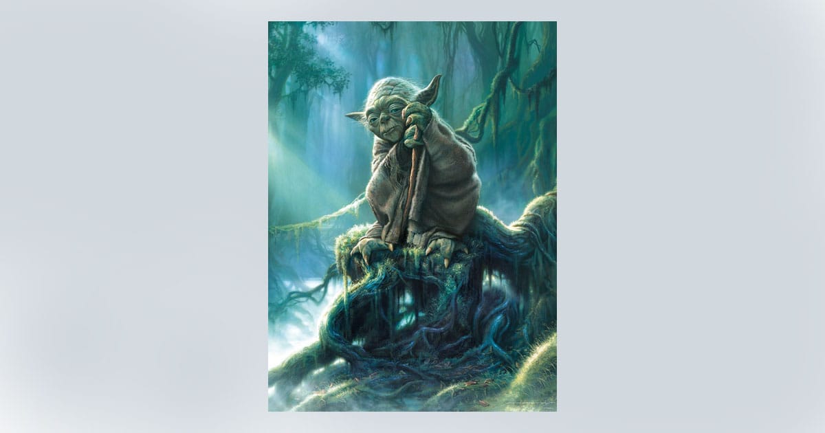 Illustrated image of Yoda sitting on a mossy tree root in the Dagobah swamp, featured artwork from a 1000-piece Star Wars jigsaw puzzle.