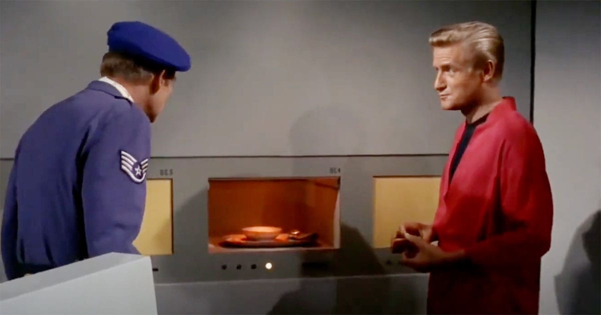 Scene from “Star Trek: The Original Series” showing a food replicator creating a meal, from the episode “Tomorrow is Yesterday.”