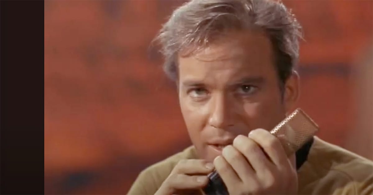 Captain Kirk using his communicator during the “Arena” episode of "Star Trek: The Original Series," foreshadowing modern mobile phone technology.