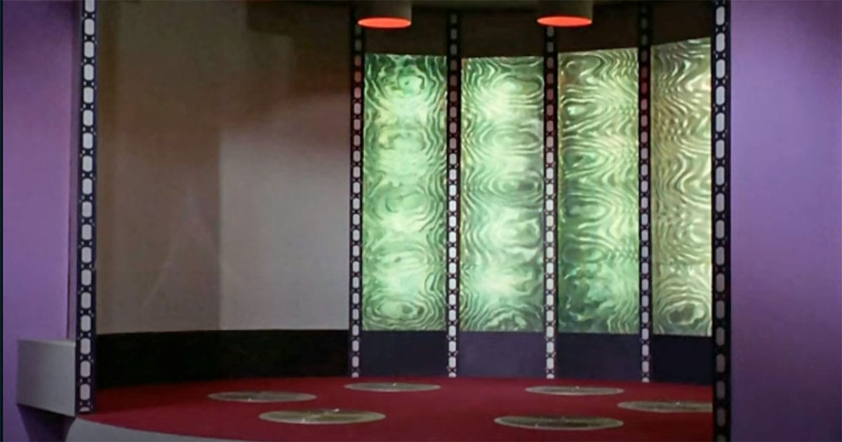 Empty transporter room from "Star Trek: The Original Series," symbolizing the show’s iconic and still-impossible vision of instant teleportation.