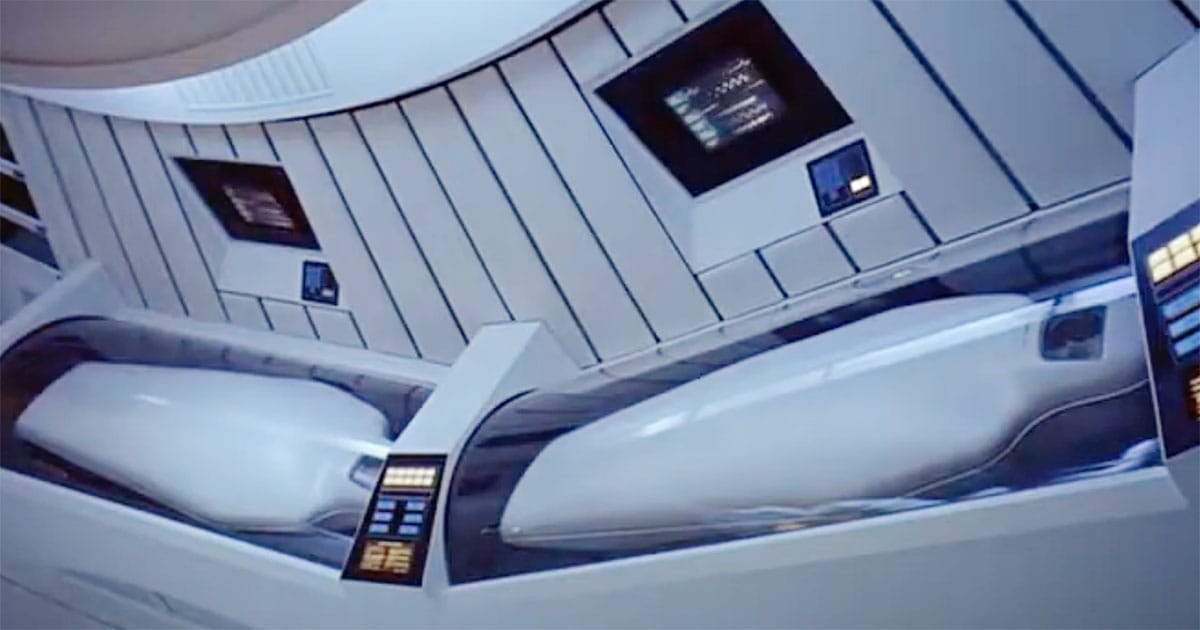 Cryogenic sleep pods holding the hibernating crew on "Discovery One" in "2001: A Space Odyssey"