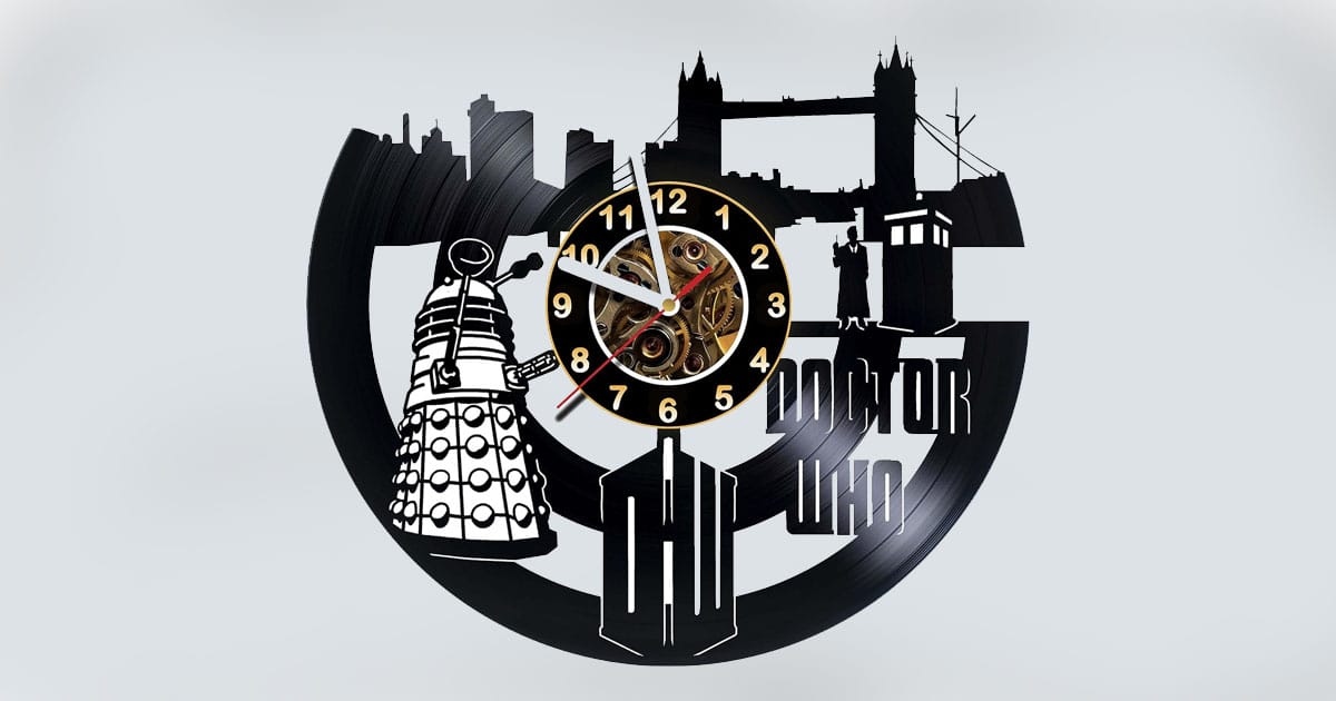 Vinyl record wall clock featuring "Doctor Who" silhouettes including a Dalek, the TARDIS, and London skyline.