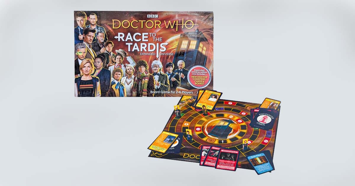 "Doctor Who Race to the TARDIS" board game with box, cards, and game pieces on display.