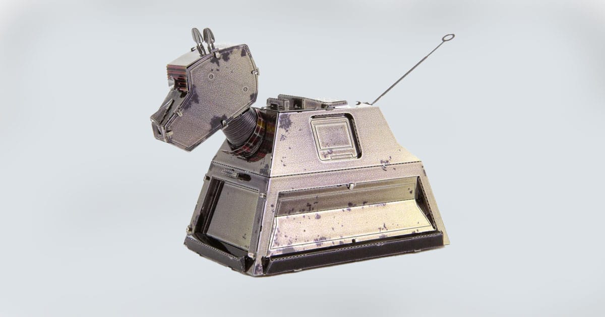 Metal model of Rusty K-9 robot dog from "Doctor Who" with detailed panels and antenna.