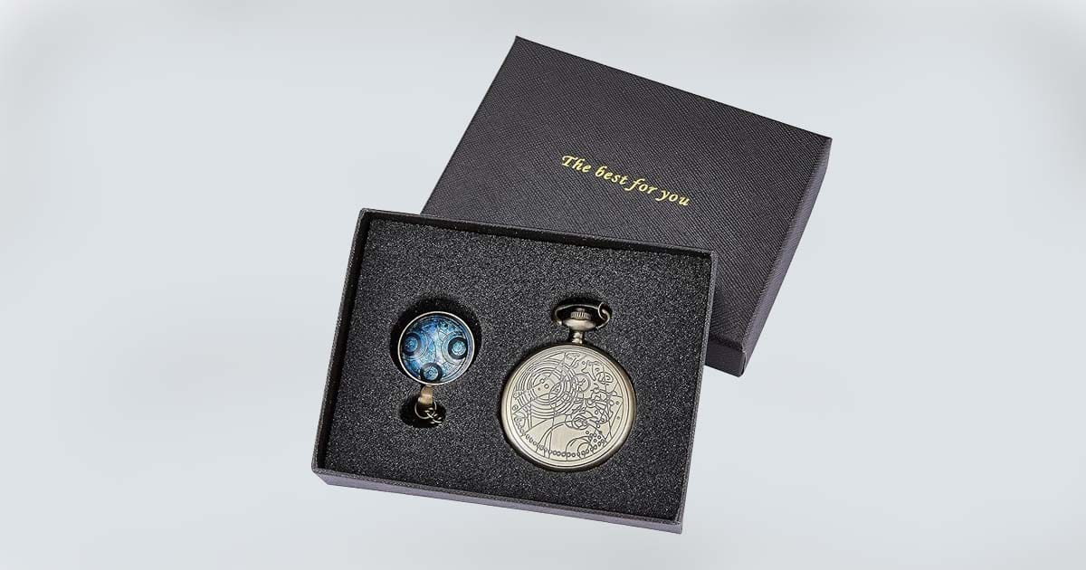 "Doctor Who" pocket watch and Pendant displayed in a black foam-lined gift box.