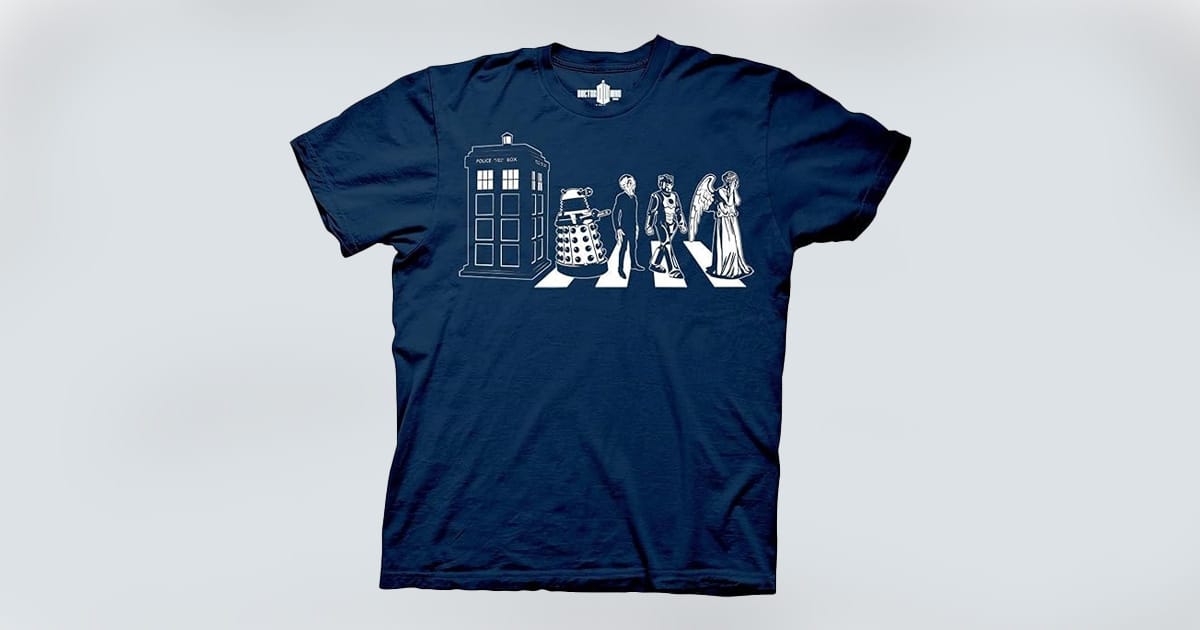 "Doctor Who" T-shirt featuring the TARDIS, Dalek, Cyberman, and Weeping Angel in Abbey Road formation.