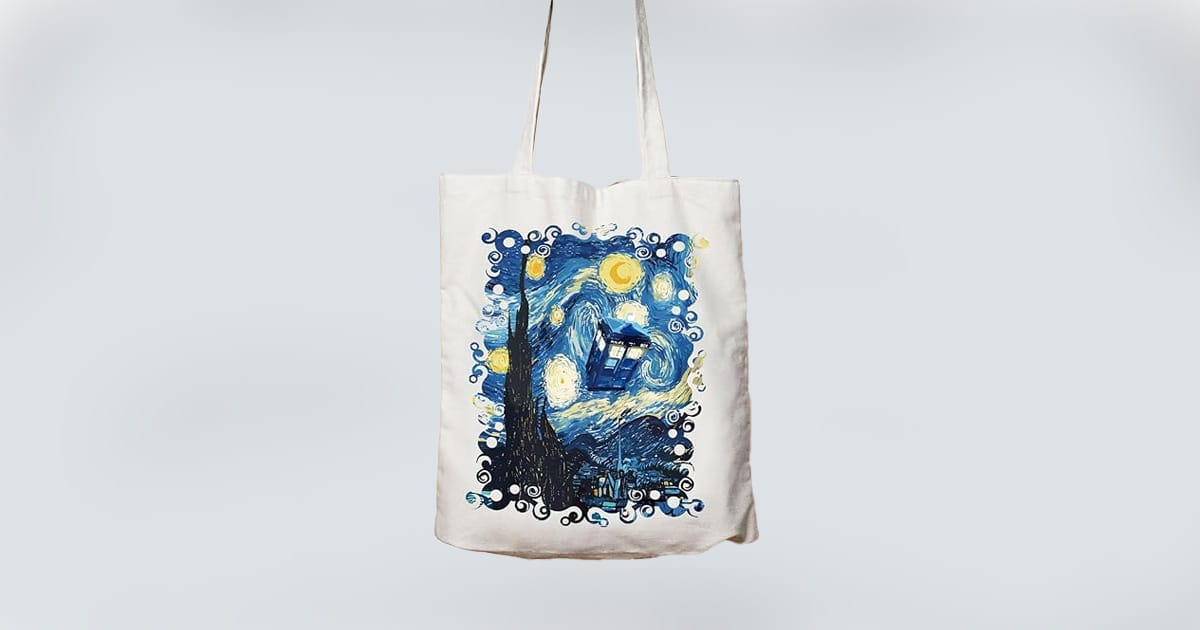 "Doctor Who" tote bag with Van Gogh-style artwork of the TARDIS in a Starry Night sky.