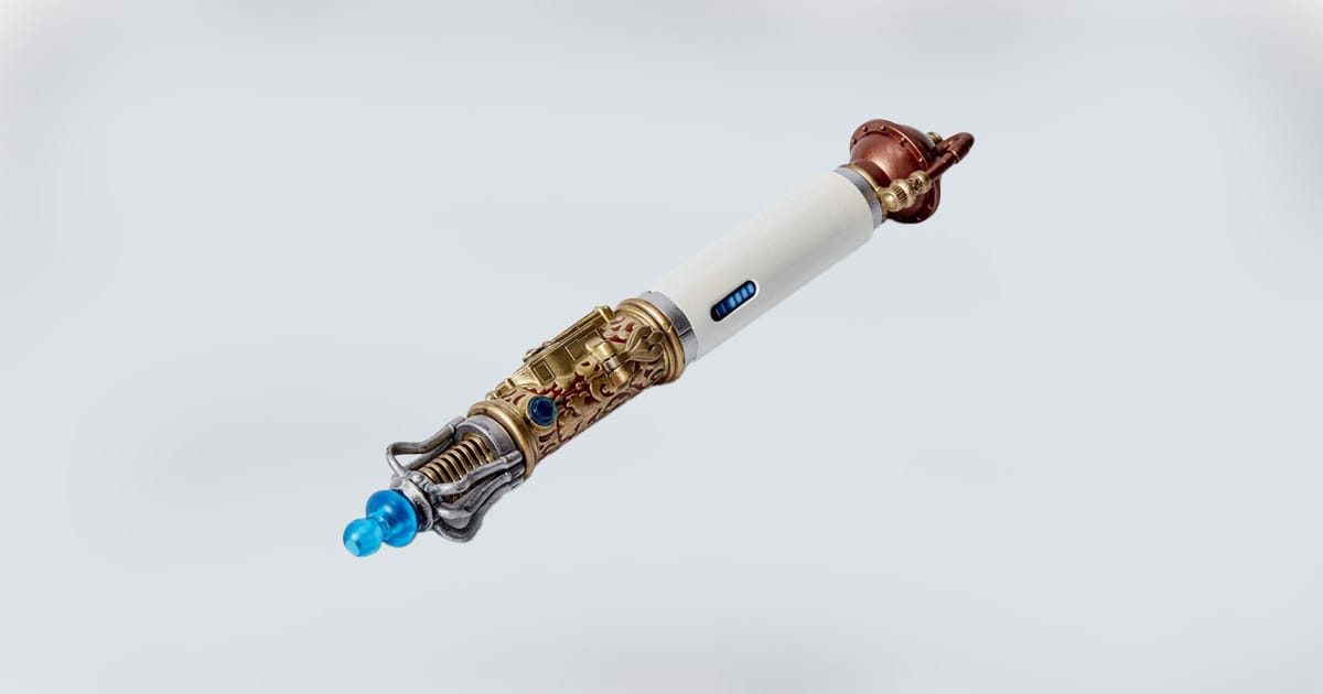 Trans-Temporal Sonic Screwdriver from "Doctor Who" with intricate detail and blue light tip.