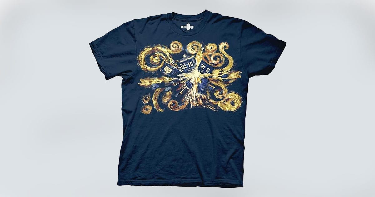 "Doctor Who" T-shirt with exploding TARDIS design inspired by Van Gogh’s painting style.