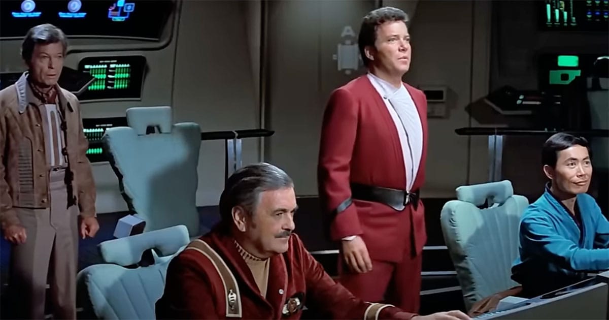 Captain Kirk, Dr. McCoy, Scotty, and Sulu aboard the Enterprise in "Star Trek III: The Search for Spock" (1984), planning their mission to the Genesis Planet
