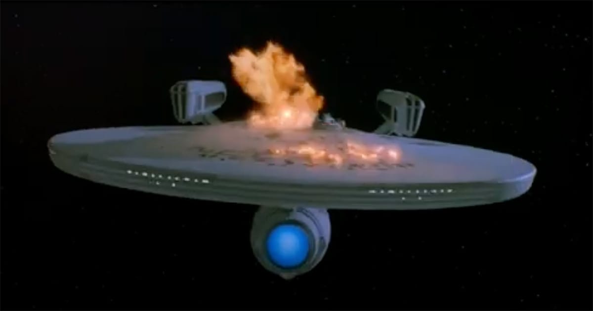 USS Enterprise engulfed in flames during self-destruction in "Star Trek III: The Search for Spock" (1984), marking a pivotal moment of sacrifice
