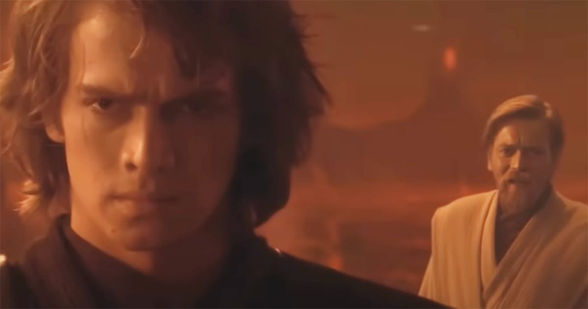Anakin Skywalker standing in the foreground with Obi-Wan Kenobi behind him during their confrontation on Mustafar in "Revenge of the Sith"