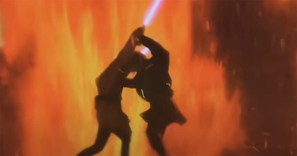 Obi-Wan Kenobi and Anakin Skywalker fighting with lightsabers in the fiery lava fields of Mustafar in "Star Wars: Episode III – Revenge of the Sith"