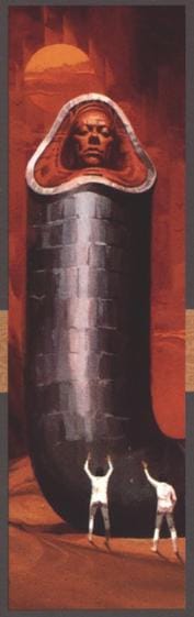 Illustration of a massive worm-like figure with a human face, representing Leto II from "God Emperor of Dune," as two small human figures look up in awe and fear within a desert canyon.