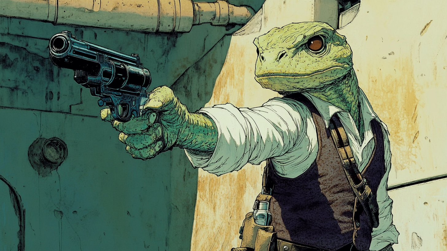 Lizard version of Han Solo aiming a blaster in early "A New Hope" concept.