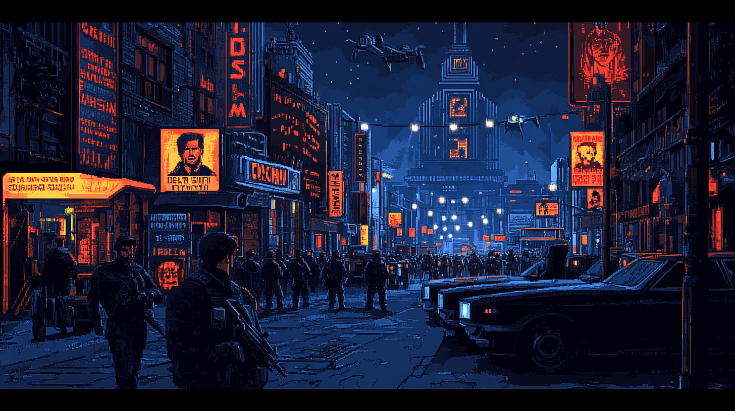 A dystopian city street at night with armed soldiers, glowing propaganda signs, and drones flying above a heavily policed crowd under bright surveillance lights.