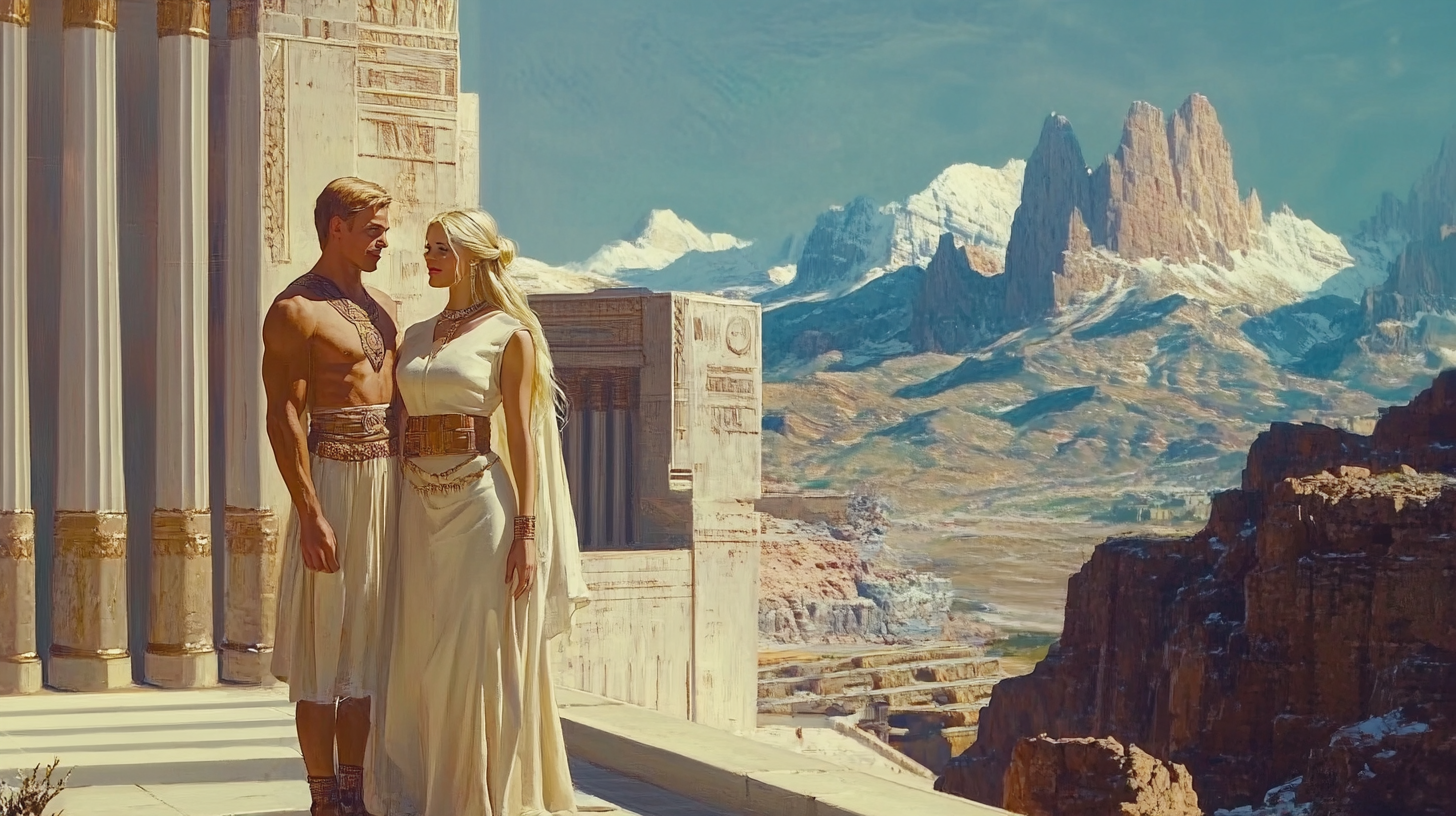 Two humanoid aliens in classical attire stand before an ancient structure on a mountainous alien world, evoking a one-shot civilization from "Star Trek."
