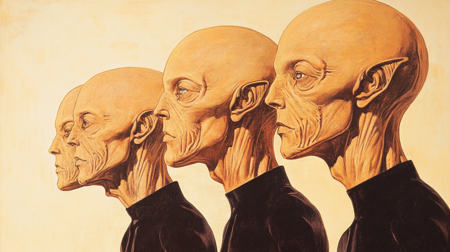 Four identical, otherworldly humanoids with elongated heads and angular features, shown in profile, evoking mysterious one-shot aliens from classic "Star Trek."