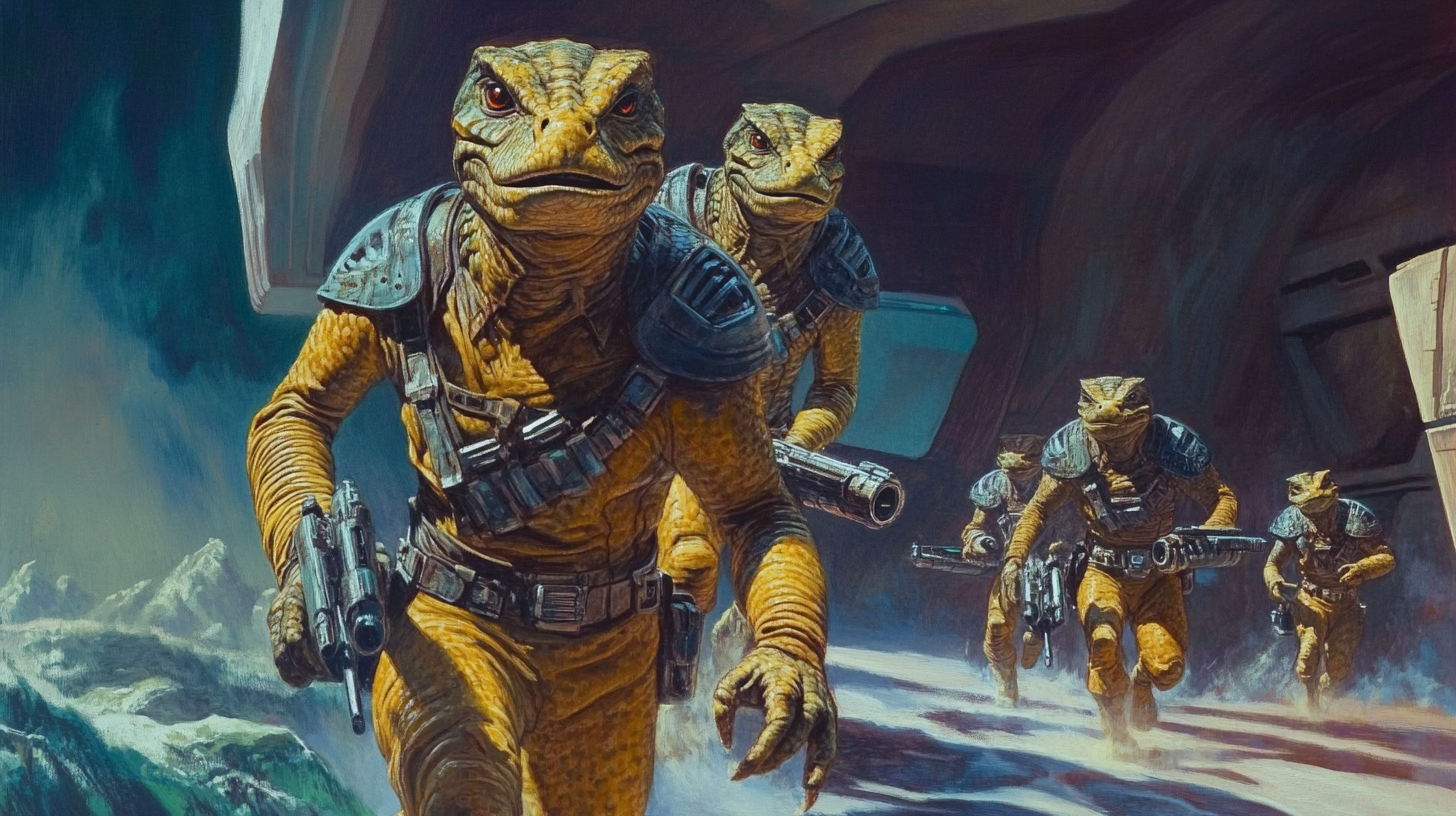 A squad of armed Gorn warriors in futuristic armor emerges from a cave onto a frozen alien landscape, evoking their single appearance in the classic "Star Trek" episode "Arena."