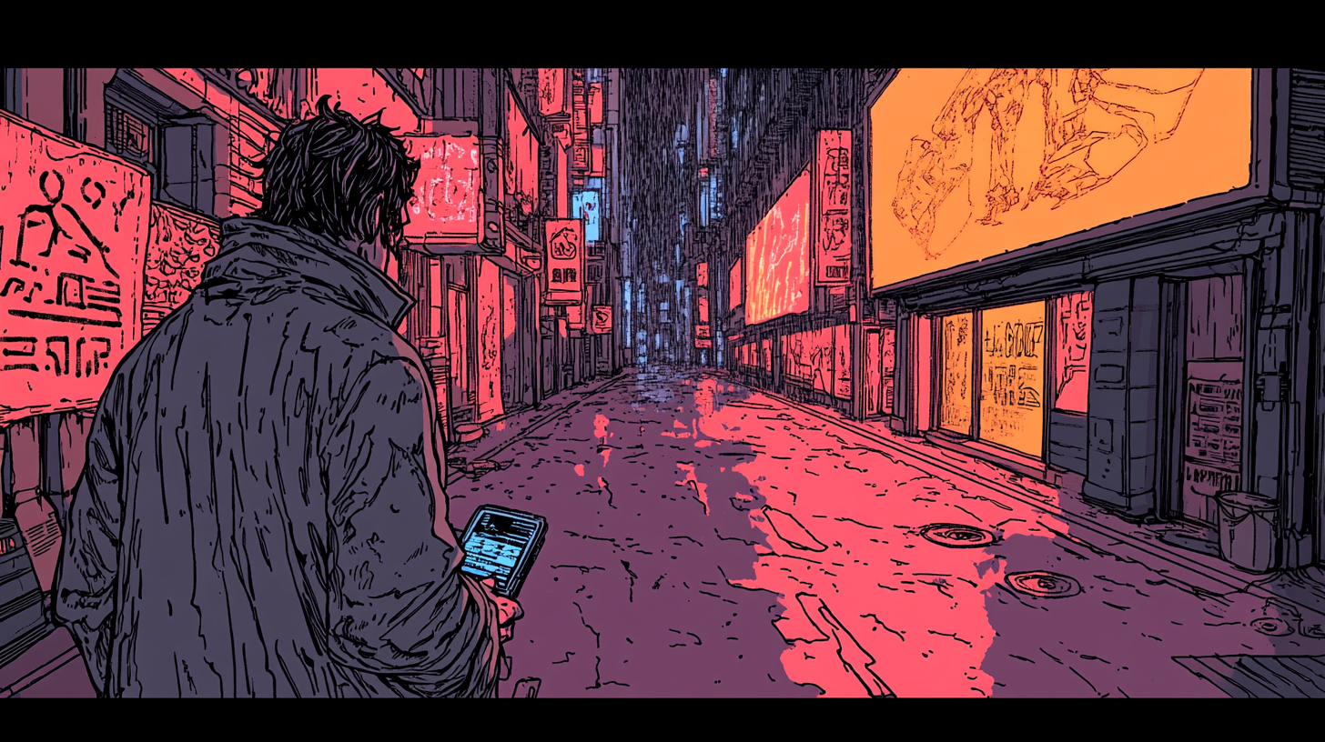 Man in long coat walking through neon-lit alley with digital device in hand.