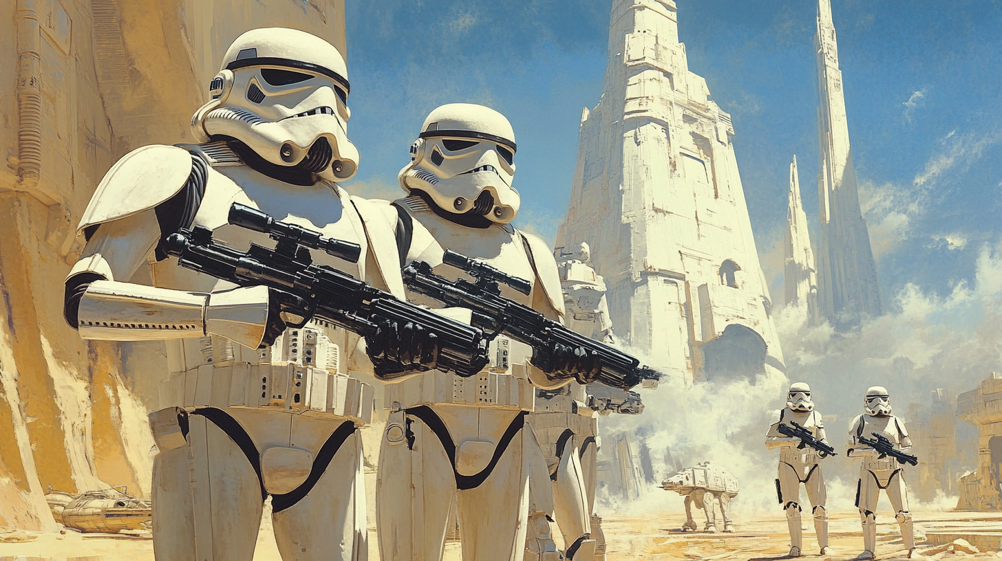 Concept art in the style of Ralph McQuarrie showing stormtroopers in a desert cityscape with towering structures, reflecting early visual development for "Star Wars."