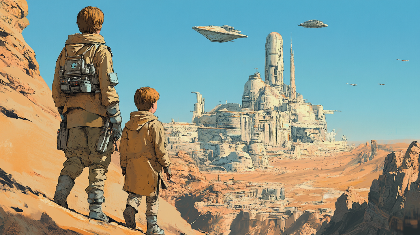 Young Luke and brother watching ships over a desert city in early "A New Hope" concept.