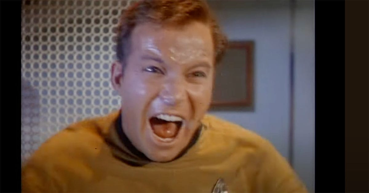 Sweating and enraged Kirk screams in the "Star Trek" episode "The Enemy Within"