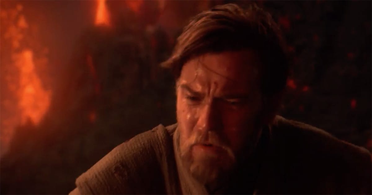 Obi-Wan Kenobi, played by Ewan McGregor, on Mustafar after the duel with Anakin Skywalker in "Revenge of the Sith"