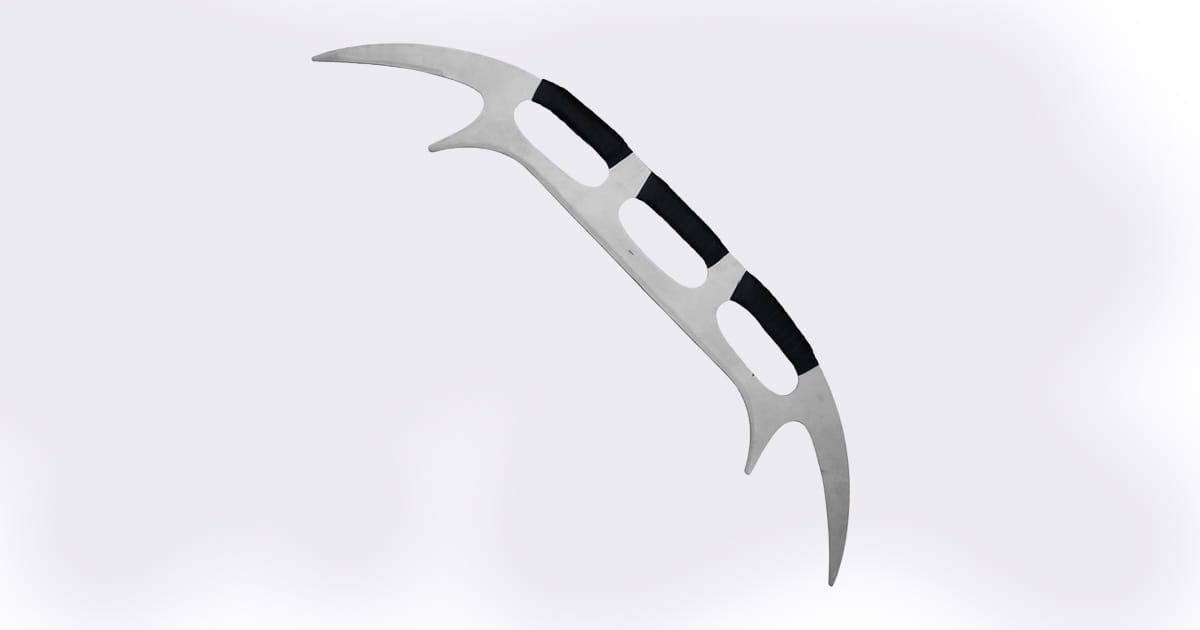 Full-sized 48-inch Klingon bat'leth replica with curved stainless steel blades and black padded grips, inspired by traditional warrior weapons from "Star Trek."