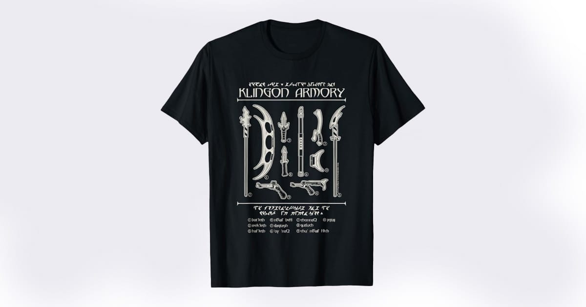 Black T-shirt featuring line drawings of Klingon weapons with accompanying text in Klingon script and English, labeled "Klingon Armory," inspired by "Star Trek."