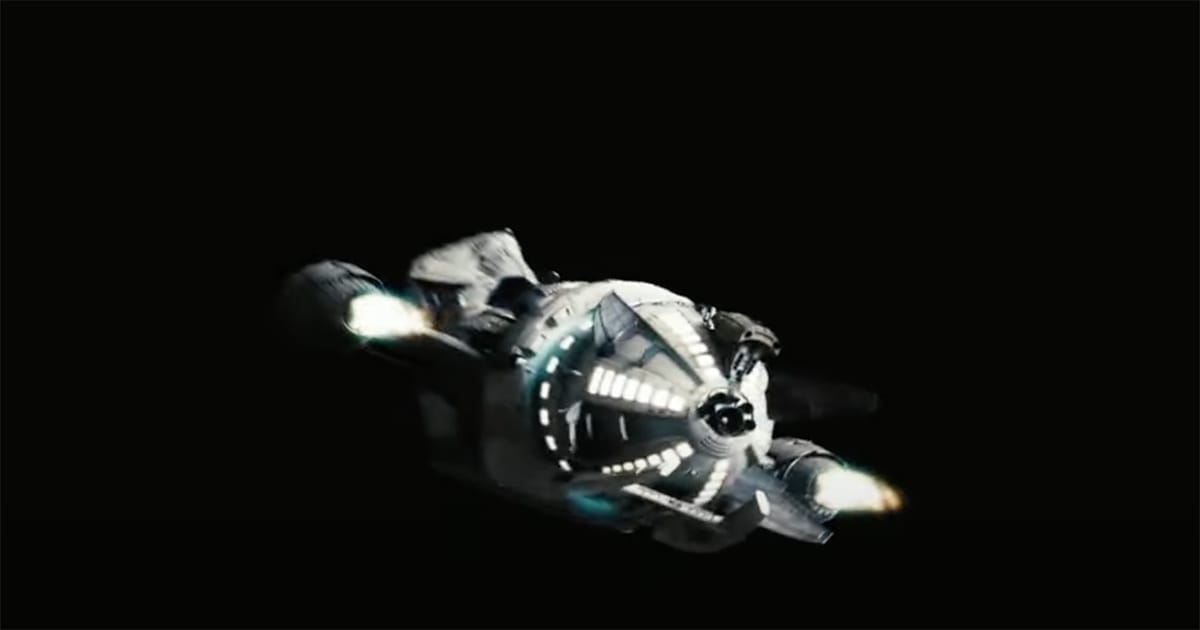 Serenity flying alone through space after the battle in "Serenity" (2005), symbolizing survival, legacy, and the cost of heroism