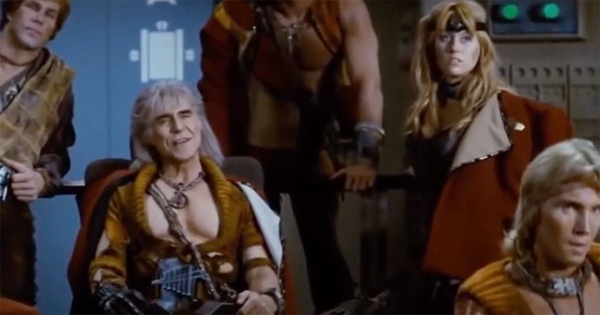 Ricardo Montalbán as Khan seated at the center of his followers aboard the USS Enterprise in "Space Seed" episode of "Star Trek"